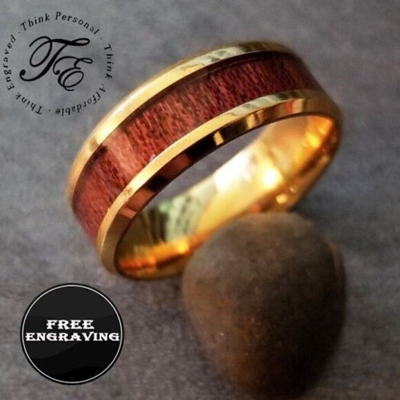 Men's Gold Wedding Ring Band With Whiskey Barrel Wood Inlay - Wedding ring Guys - Picture 2 of 9